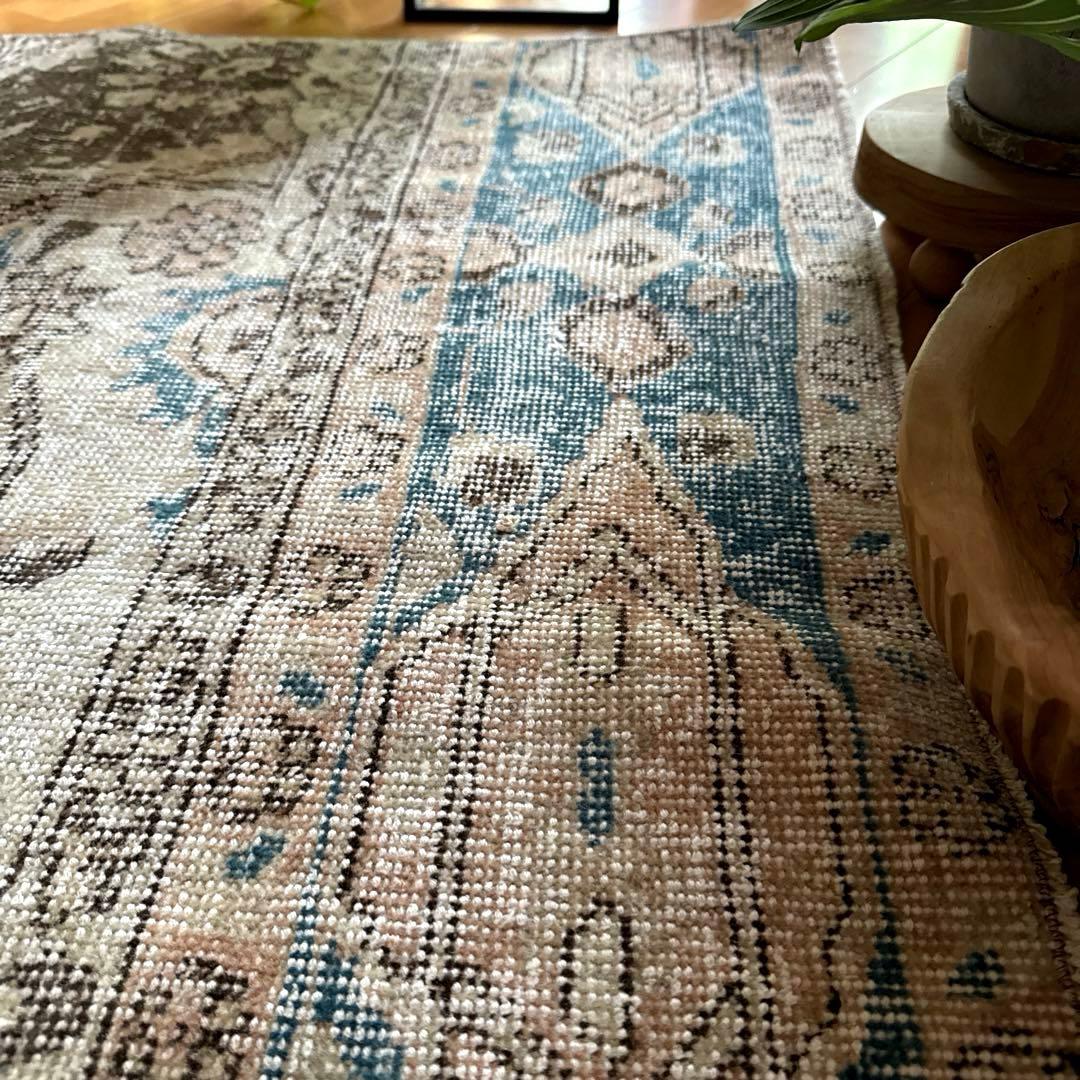 106×141 ターコイズブルー×ブラウン　淡いベージュ　トルコヴィンテージラグ