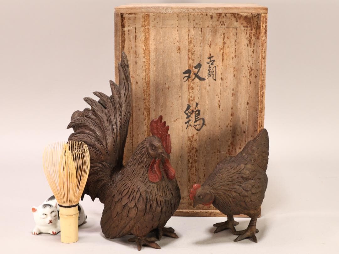 BK442　時代金工　古銅　双鶏　置物　ブロンズ　床飾り　金運　仕事運　子孫繁栄