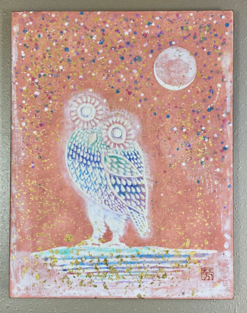 ○【真作】芳澤一夫 フクロウ 不苦労 【極美品】日本画 肉筆 絵画 美術品