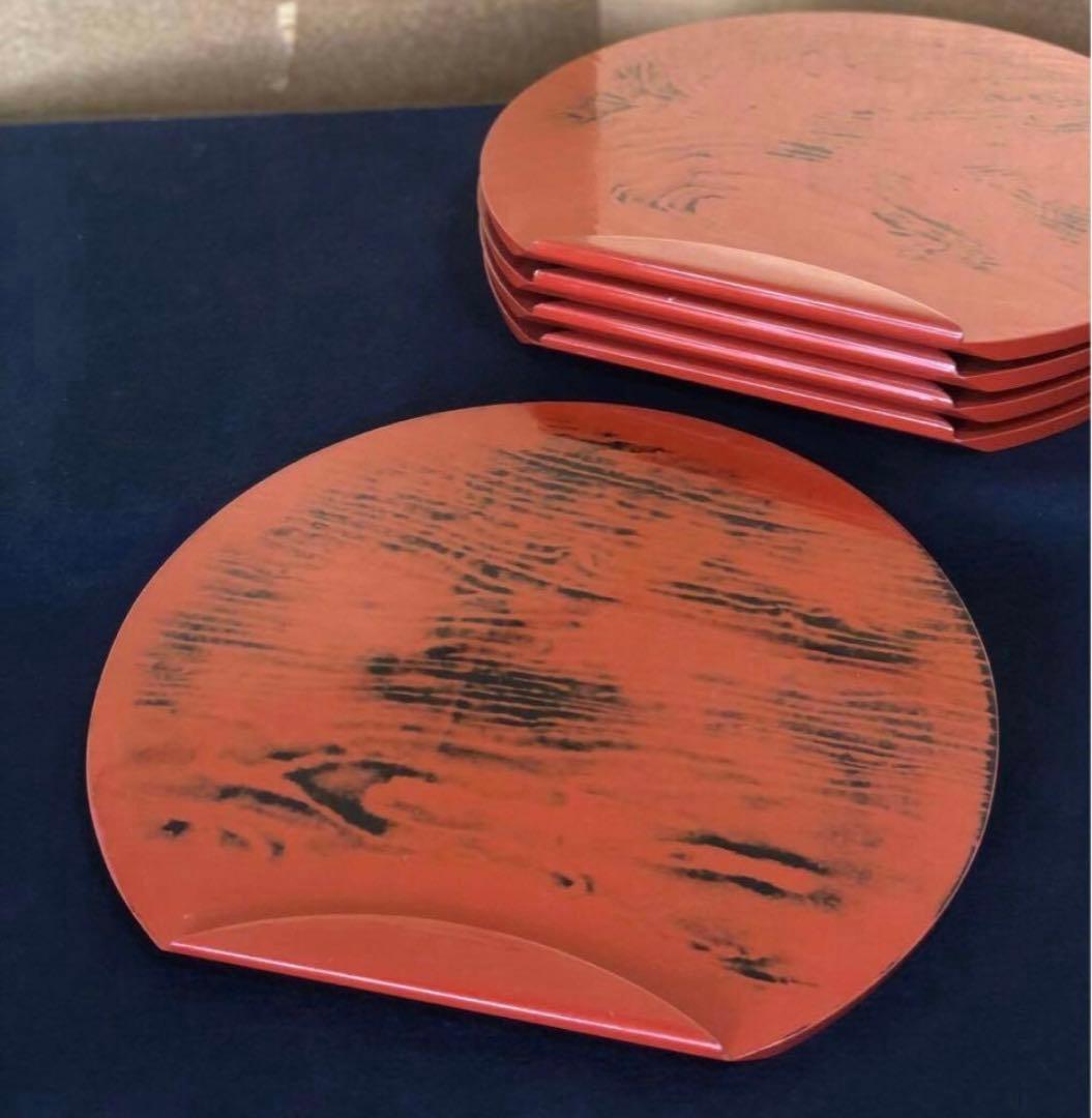 《R》根来塗 半月盆5客 膳 木製漆器 懐石 元箱　260126く1