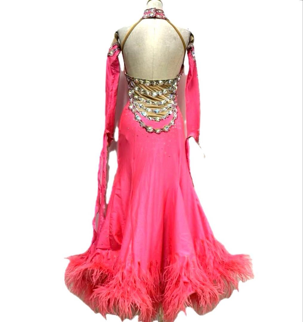 Y5697★SM★ピンク オーストリッチ スワロ スタンダードドレス☆社交ダンス