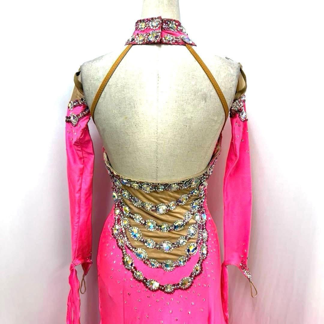 Y5697★SM★ピンク オーストリッチ スワロ スタンダードドレス☆社交ダンス