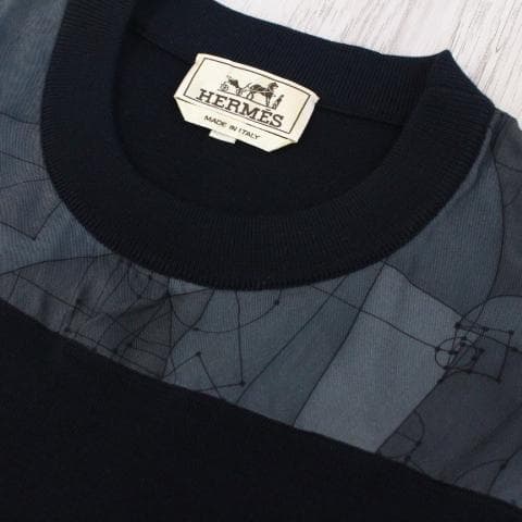 ◇美品 HERMES クルーネックニット 薄手 ネイビー S ウール＆シルク