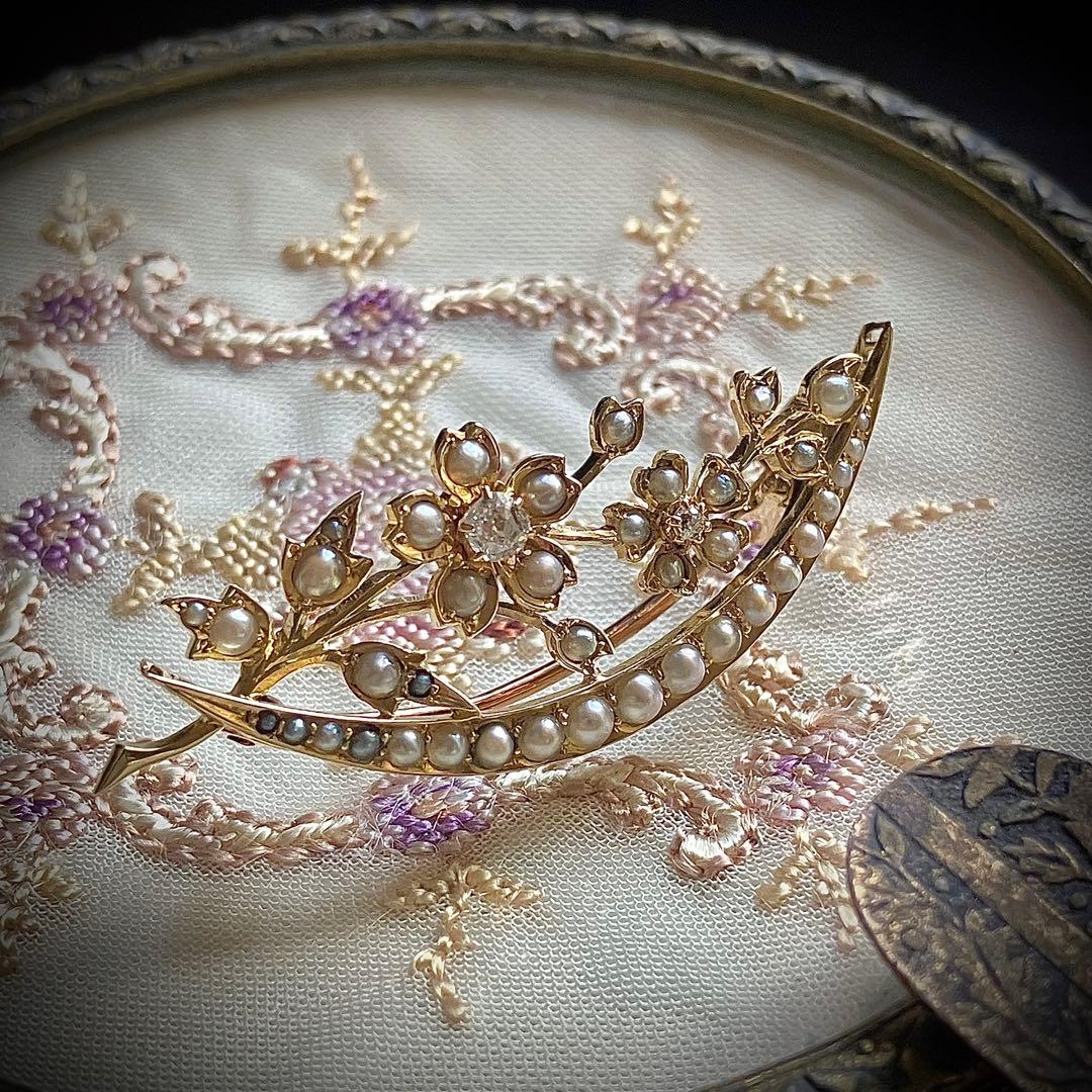 k18 ヴィクトリアン　オールドマインカットダイヤモンド＆シードパール　ブローチ