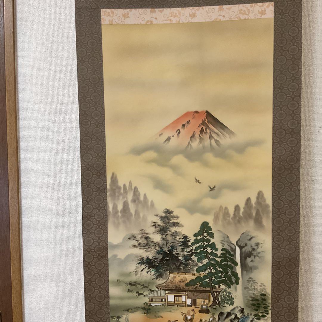 月 庵 筆 絹本彩色画 祝い軸 【七福神に富士図 】 軸先紫檀