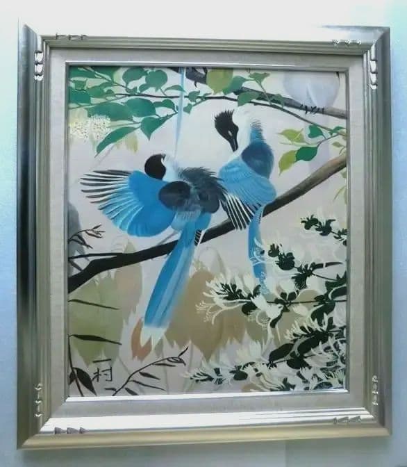 田中一村　額付「忍冬に尾長」油彩　模写