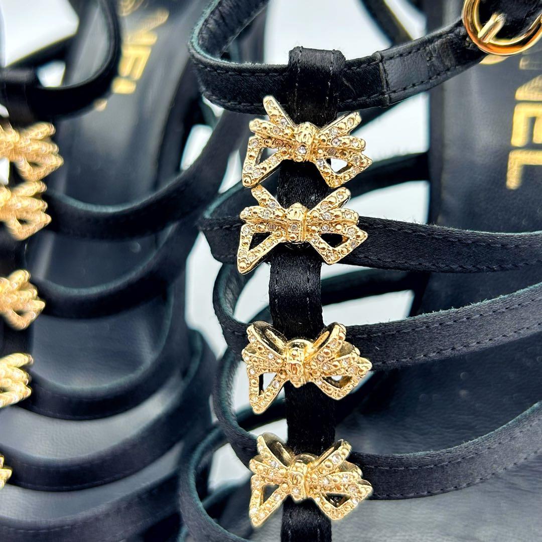 【超希少】CHANEL サンダル ココマーク リボン ストーン ゴールド 黒