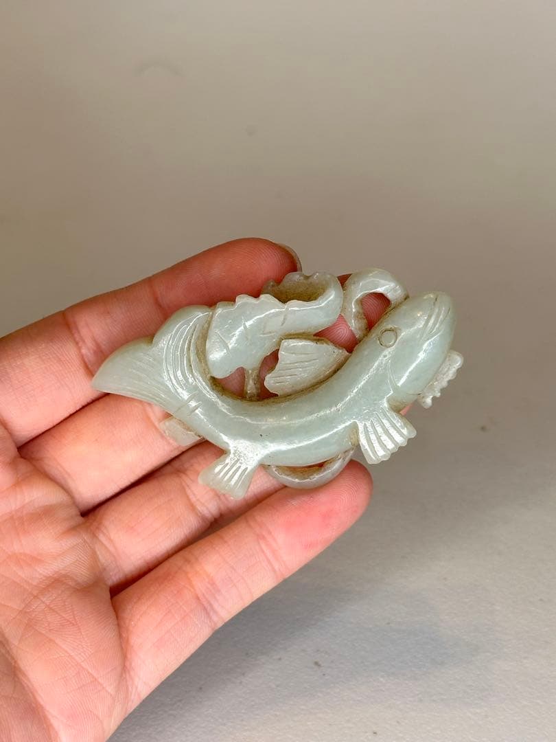 清時代 青玉 魚形彫刻 玉器 中国古美術 時代物 置物