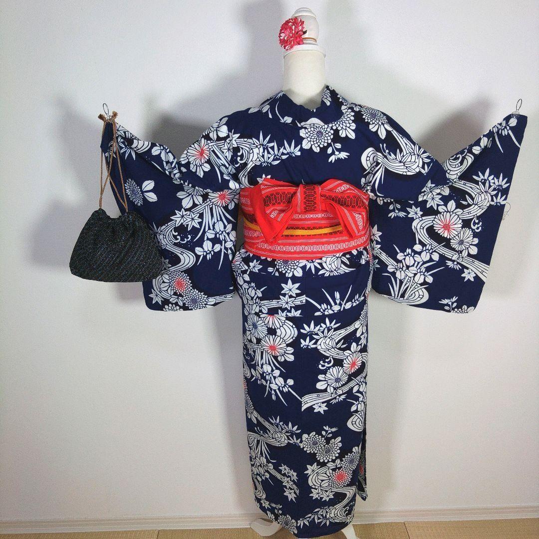 レトロ　レディース　浴衣セット　身丈154cm　花　ネイビー　半幅帯　博多帯　赤