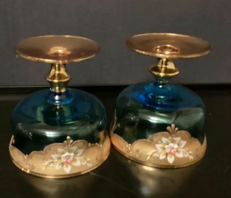 ベネチアンガラス　2客金色とブルーのエレガントなデザインの手描き花柄グラス　①②