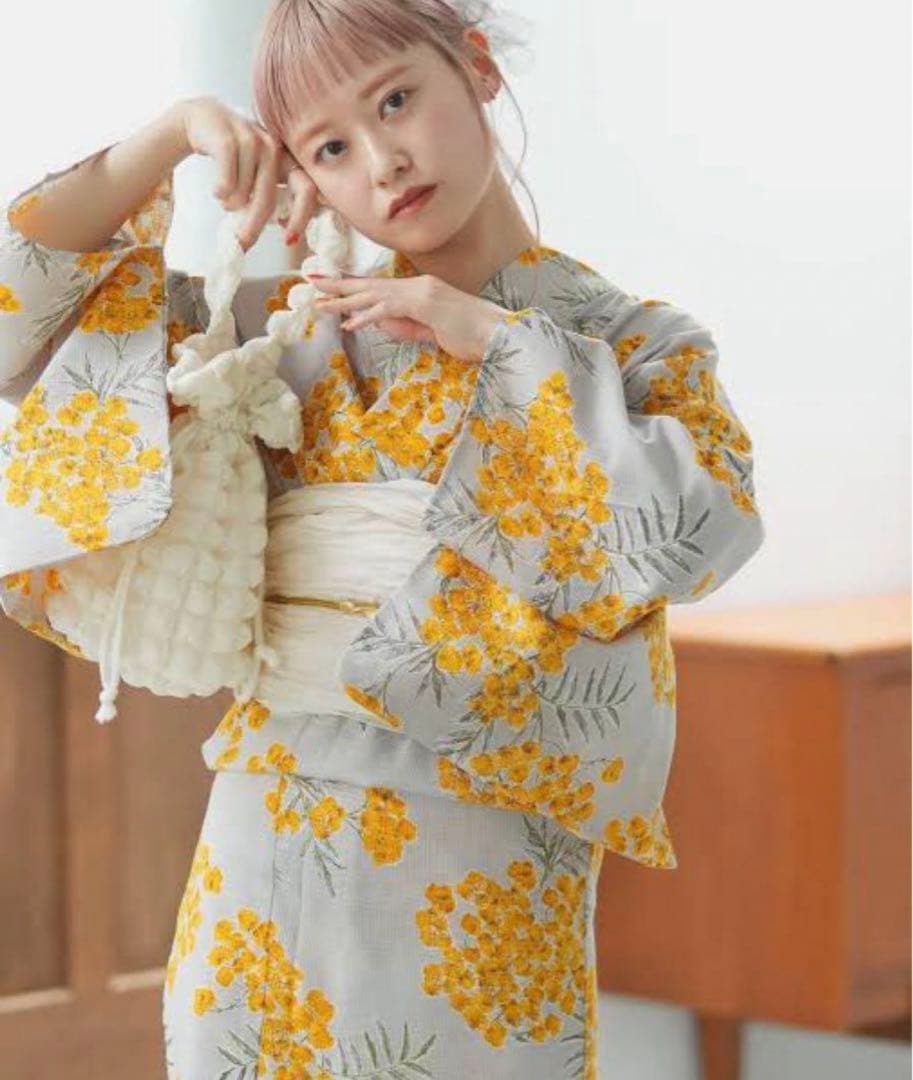 utatane 高級変わり織 浴衣2点セット　黄色のミモザ