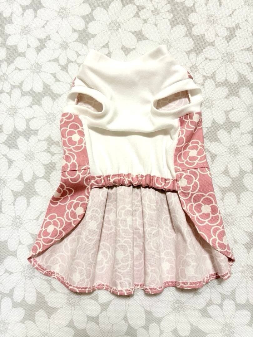 犬服ハンドメイド品 花柄リボン付きドレス ピンク