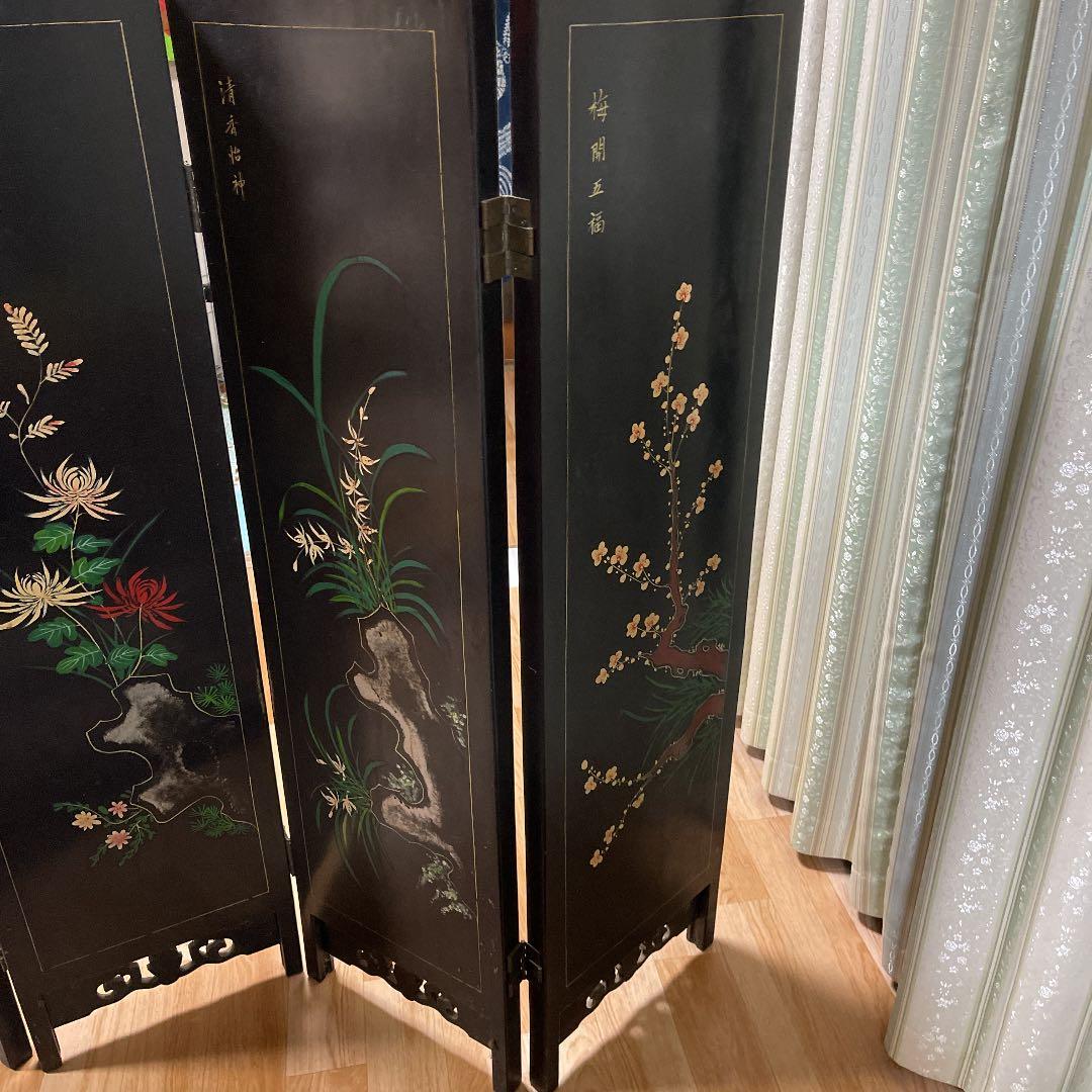 中国屏風　翡翠　珊瑚の石