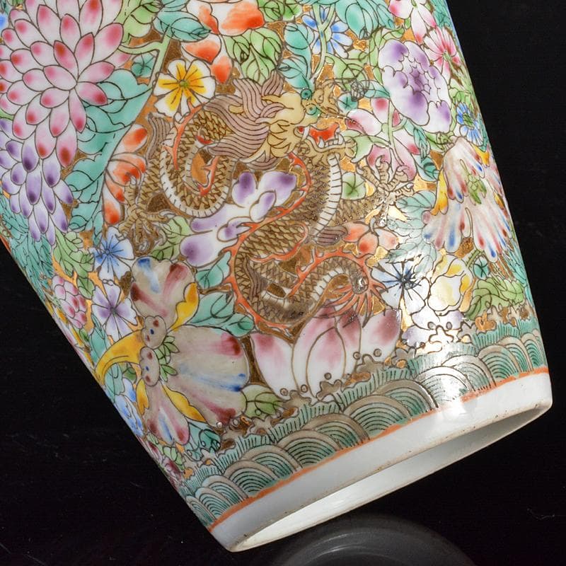 中国　中国景徳鎮製款　薄胎　粉彩百花龍文瓶　梅瓶　F　R6147B