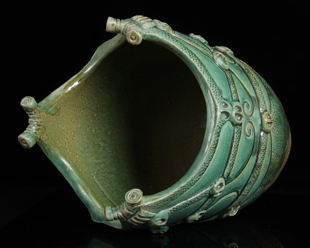 【富久窯 井上富三】縄文写花瓶 共箱 高さ37㎝ 緑釉 花器 花入 古美術 骨董