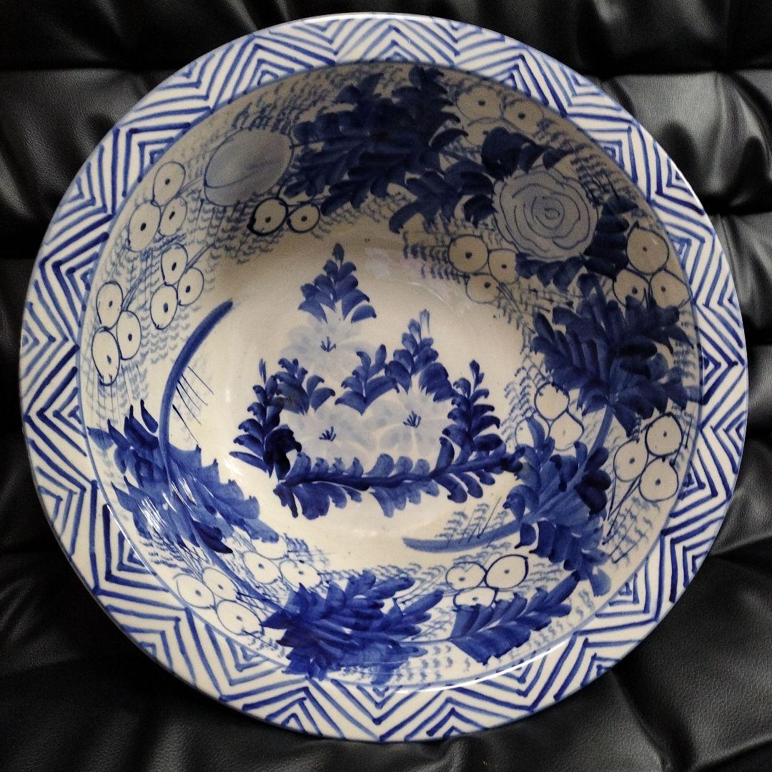 特大 41cm 古伊万里 幕末から明治期 染付 手描 鉢 骨董 アンティーク