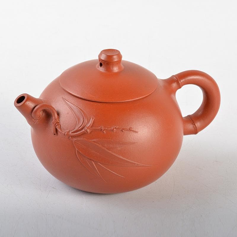 中国　紫砂　朱泥　葉文　急須　茶壷　在銘　C　R5760