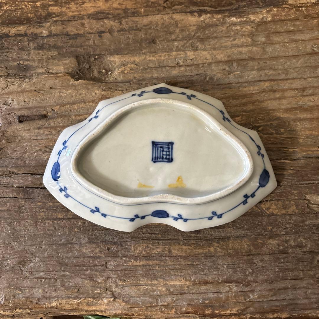 アンティーク変形小皿5点　明治　大正　印判染付古道具　検:白洲正子　李朝