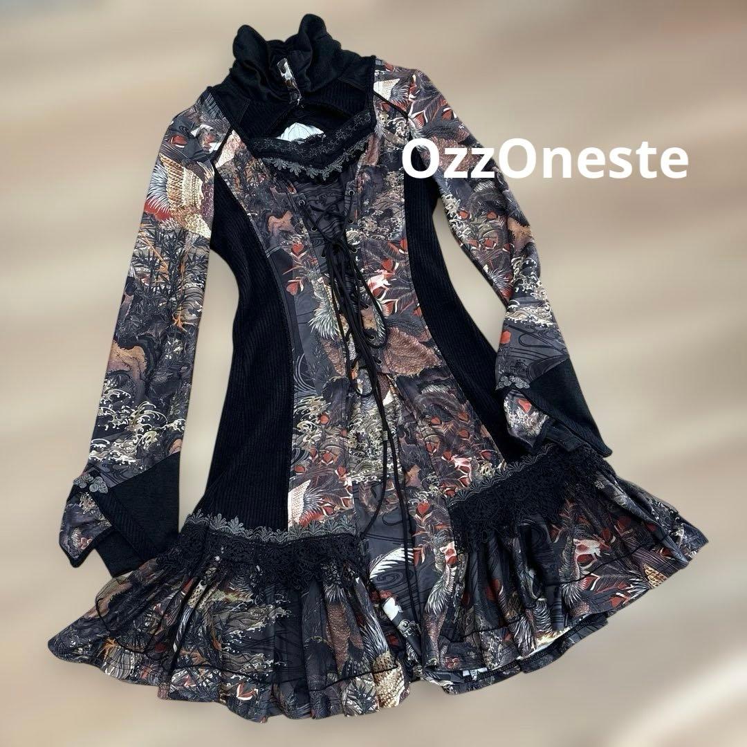 OzzOneste オッズオン オッズオネスト 和柄長袖ひざ丈ワンピース