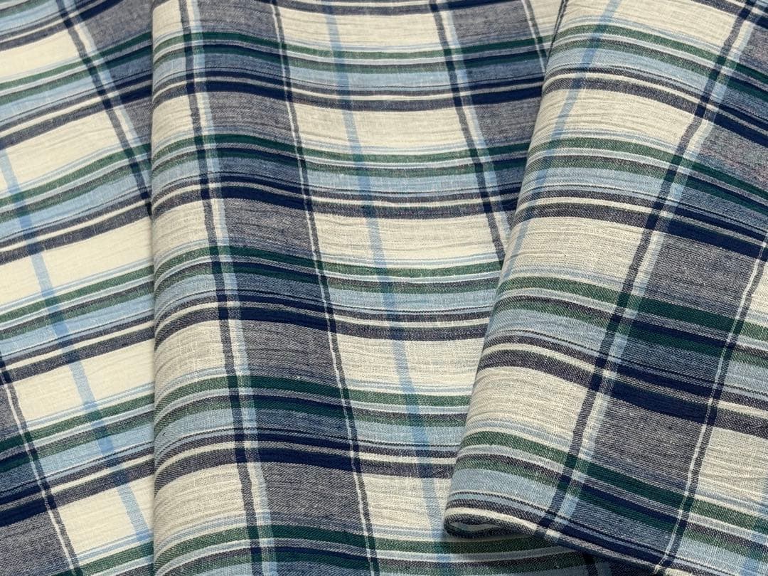 新品　夏物 近江ちぢみ 反物 麻 綿 日本製 川口織物　格子ストライプ　ブルー