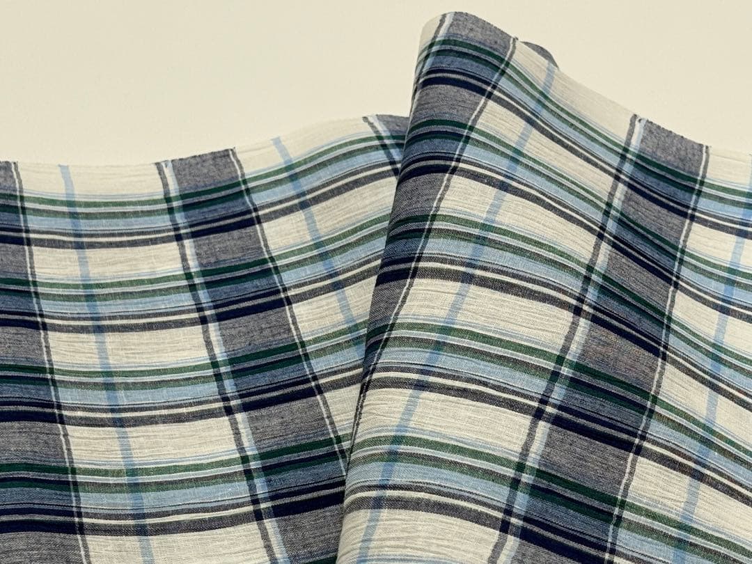 新品　夏物 近江ちぢみ 反物 麻 綿 日本製 川口織物　格子ストライプ　ブルー