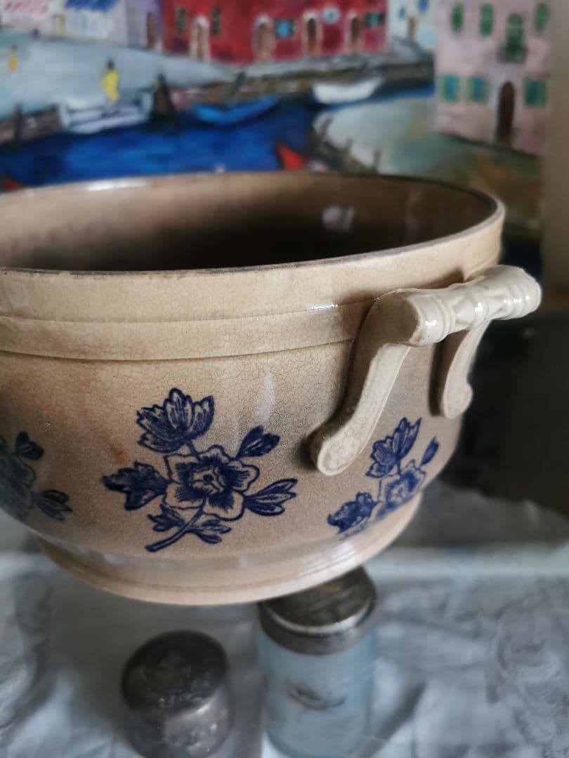 アンティークフランス ハンドル付きディープボウル インディゴ花柄深皿 美しい貫入