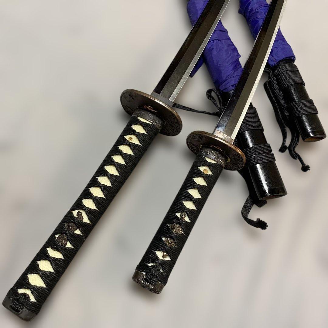 上級模造刀大小２本(刀袋付) 黒柄 竹笹小判鍔