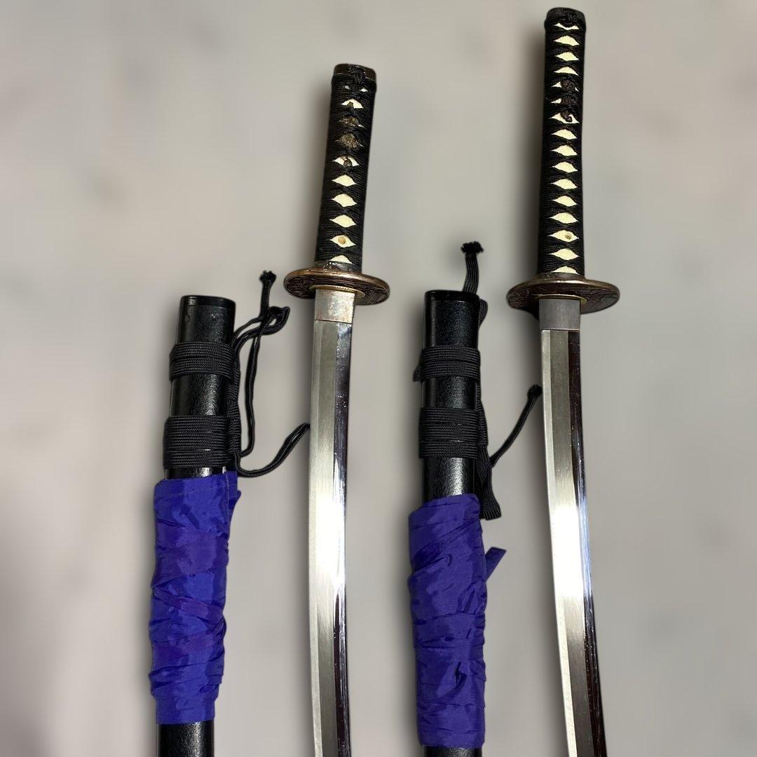 上級模造刀大小２本(刀袋付) 黒柄 竹笹小判鍔