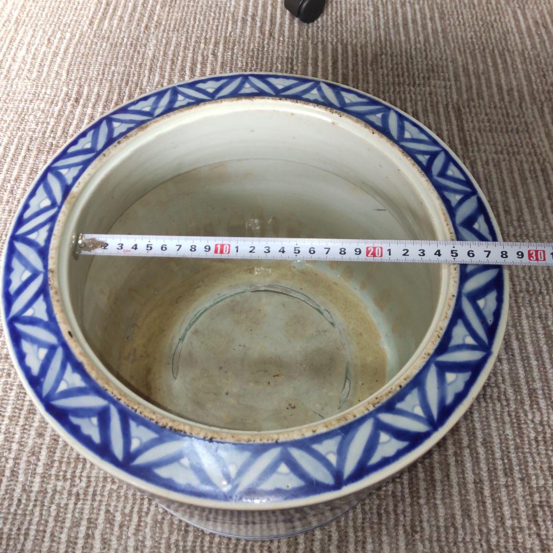 青い鳥と花模様の陶器 火鉢