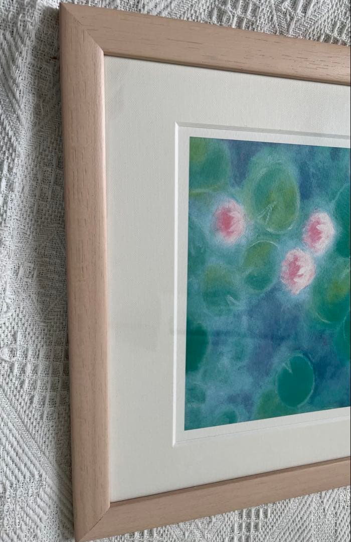 版画　限定　サイン、エデション番号有　額入り　蓮　グリーン系　ジニーキム　睡蓮