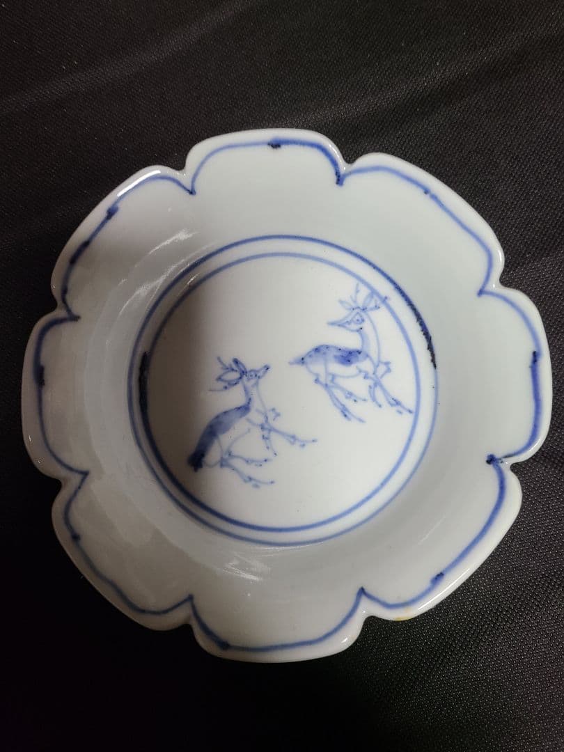 須田菁華九谷焼染付双鹿図三脚向付け　皿