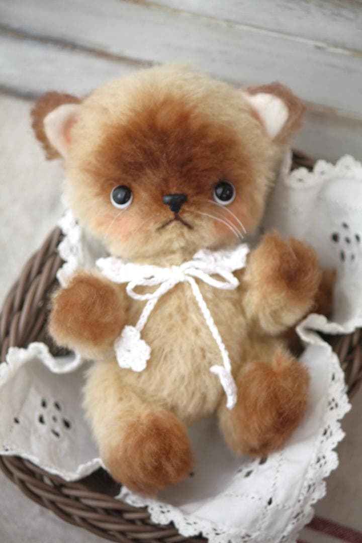 アートドール　ハンドメイド　テディベア　子猫　ぬいぐるみ