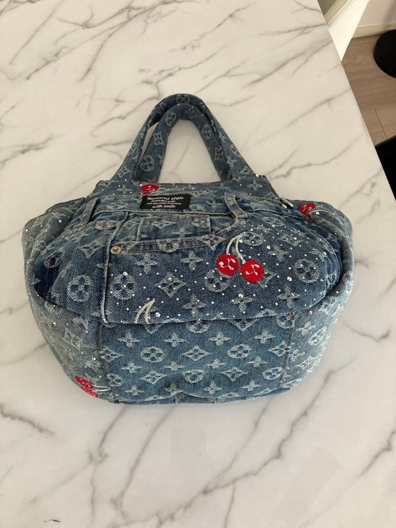 1007 ピエロ　ヒョウ柄デニムリメイクバック　ハンドメイド