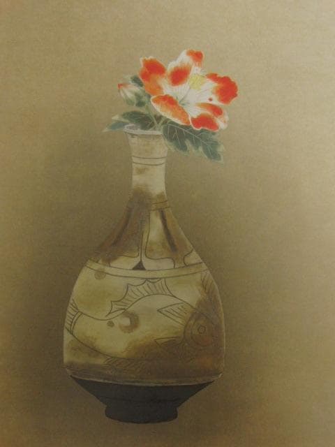 堀川えい子、【李朝瓶花】、希少な額装用画集より、新品額装付