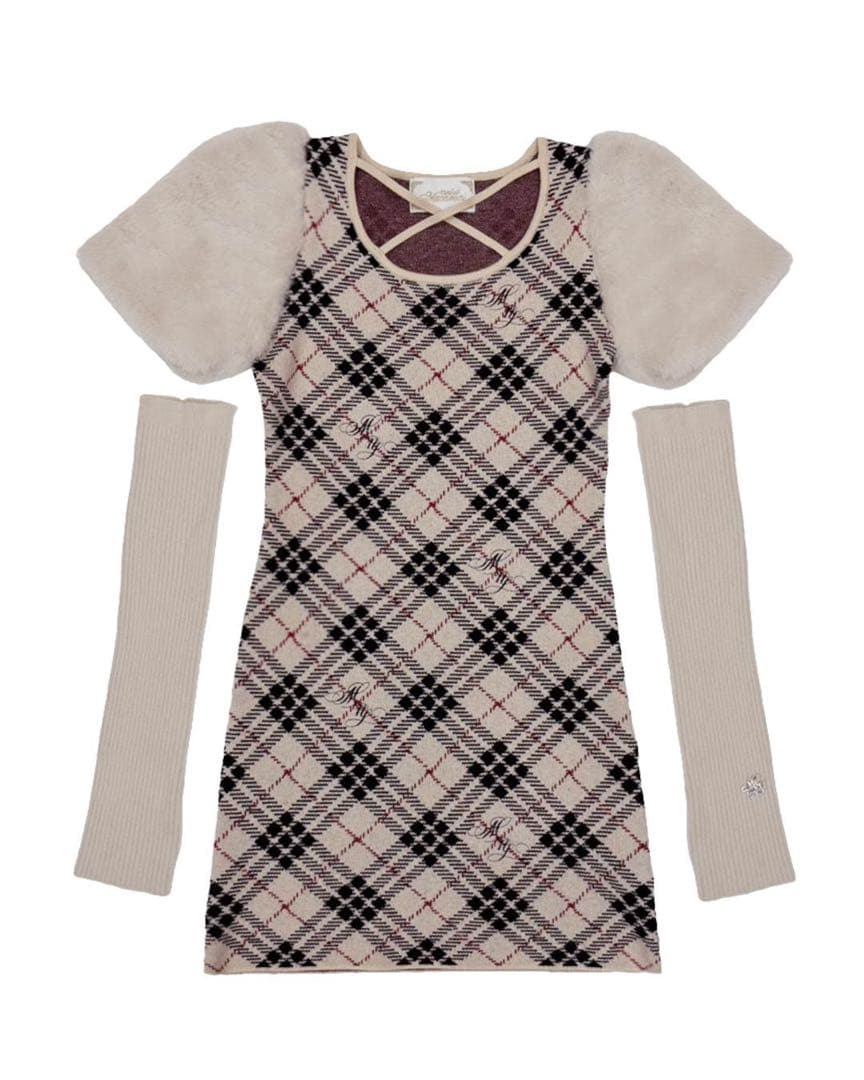 ミシェルマカロン♡ファースリーブチェックワンピース新品タグ付フリーサイズ
