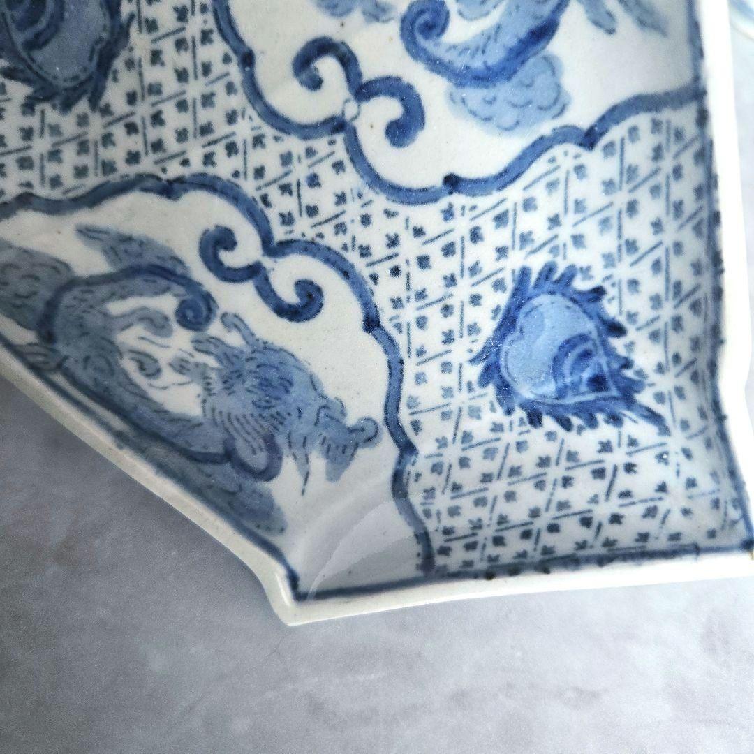 古伊万里　染付　変形皿　型紙摺　印判　龍　骨董　アンティーク　金直し　金継ぎ