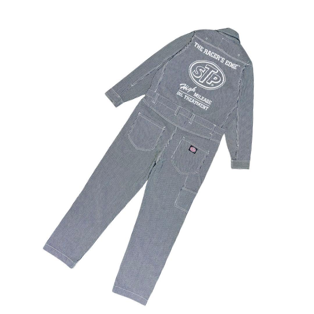 【超美品】STP（エスティーピー）刺繍ロゴ ヒッコリーカバーオール 長袖ツナギ