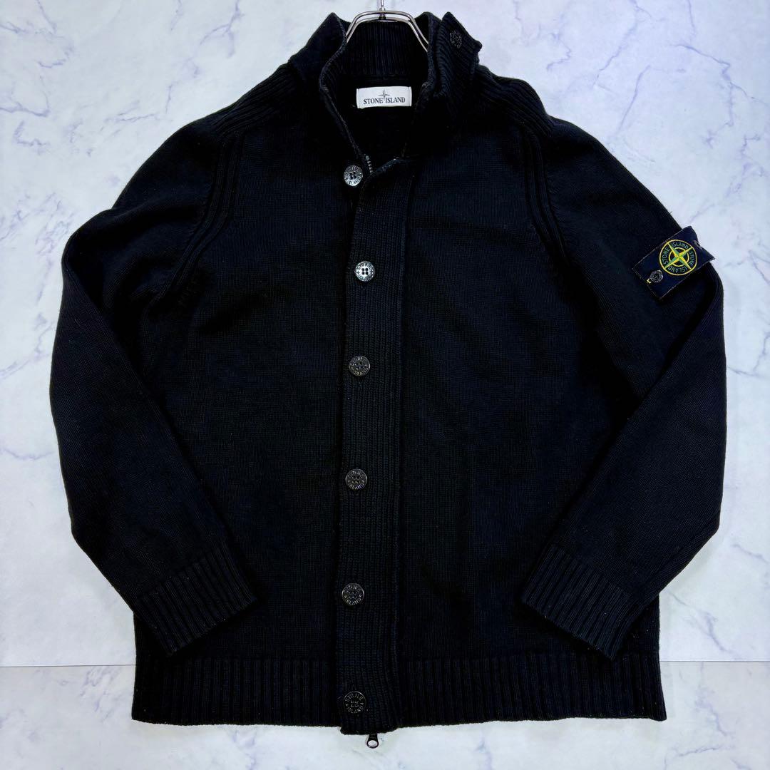 美品 ストーンアイランド 肩バッジ付 ニットブルゾン カーディガン XL 黒