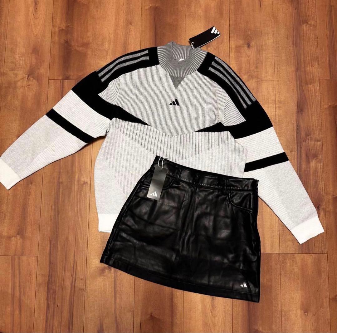 モックネック　ビックシルエット　長袖　ニット　レザースカート　セットアップ　春秋