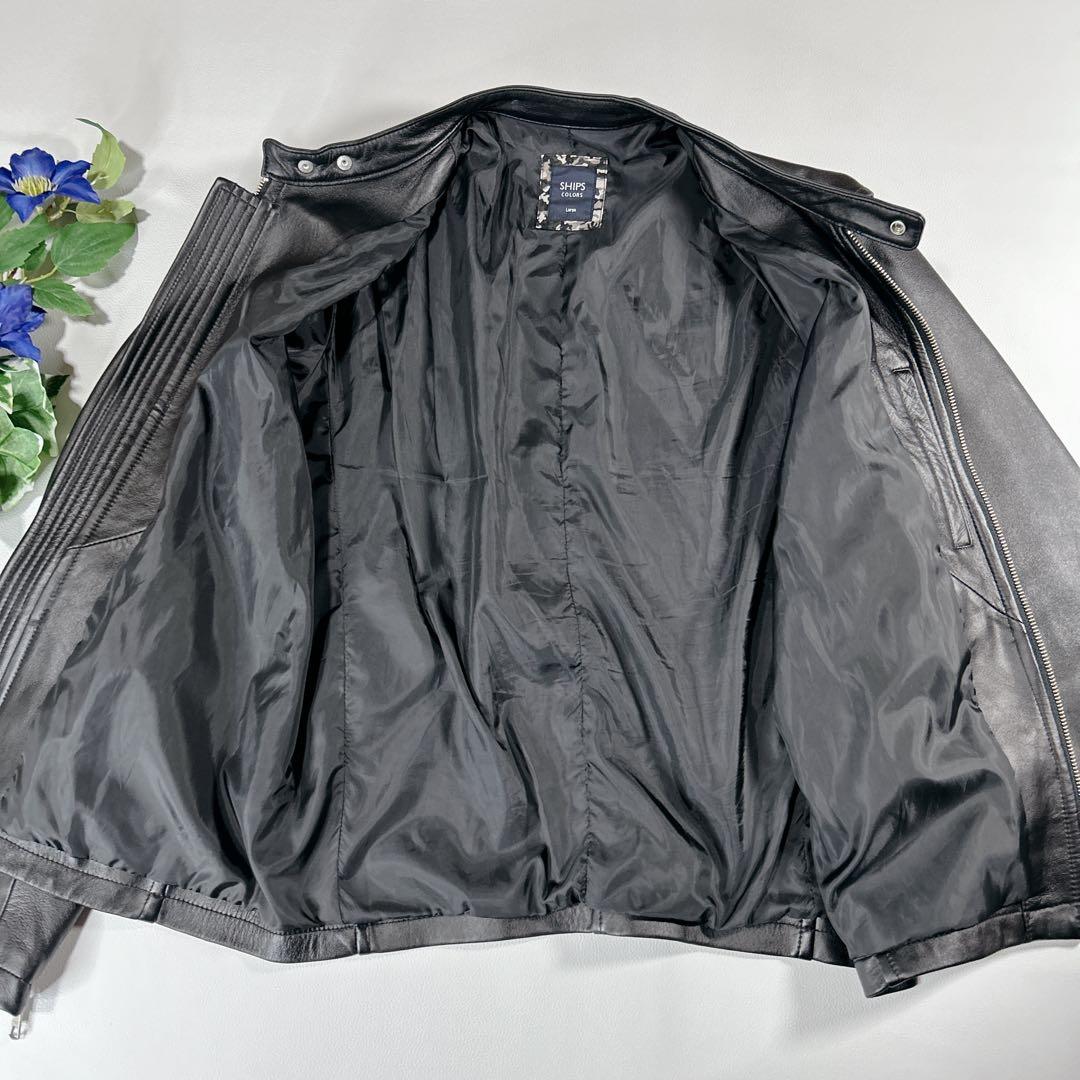 美品 SHIPS 黒ラムレザー シングルライダースジャケット Lサイズ