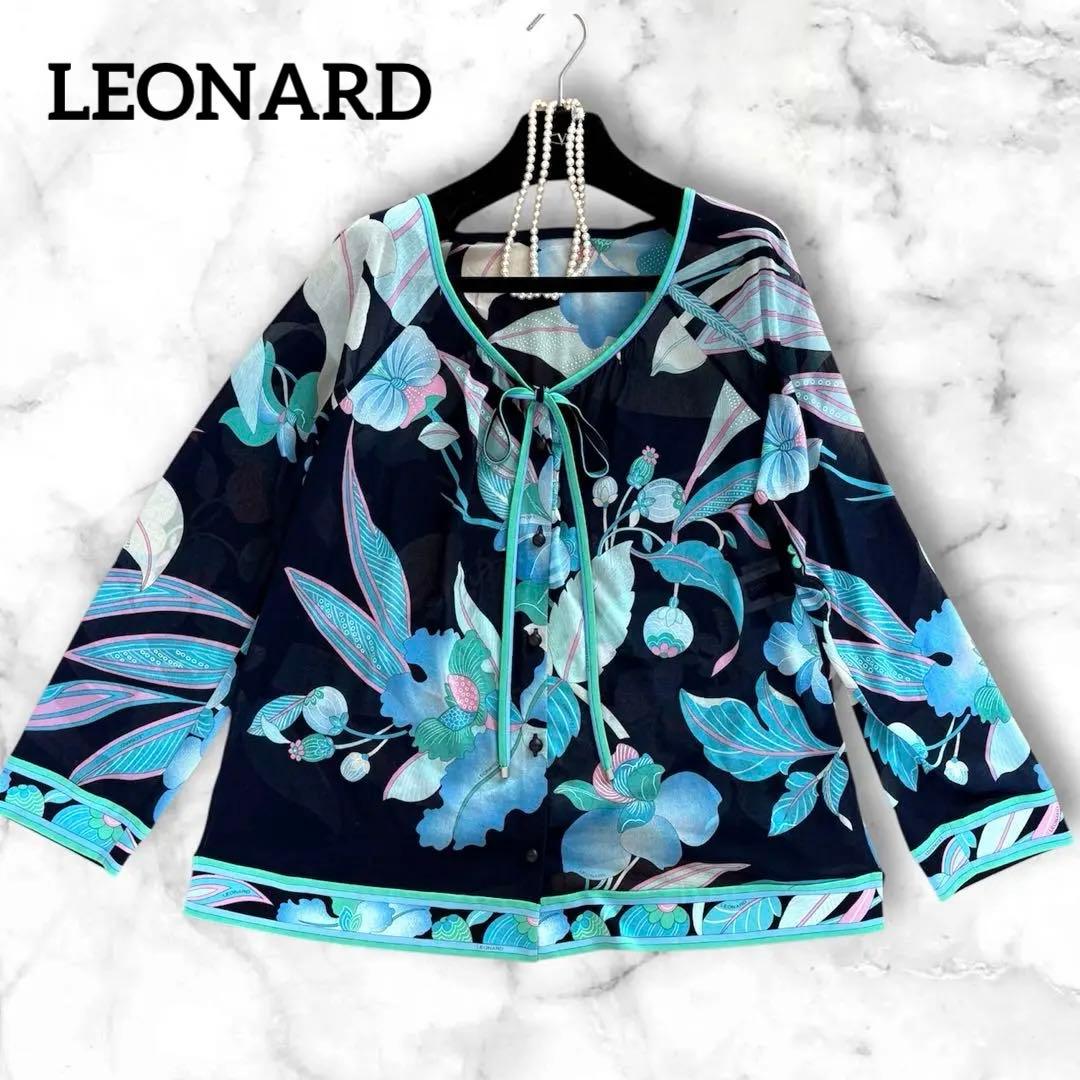極美品✨LEONARD レオナール シアー 花柄 ブラウス ネイビー 42