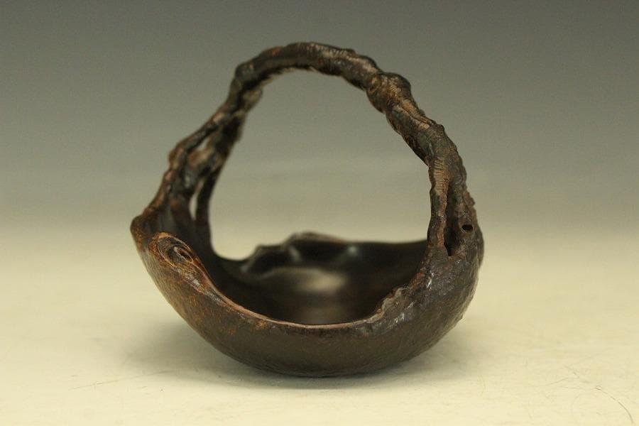 紫檀 刻 手付 皿 文房四宝 卓上飾 高7.8cm(HA490)