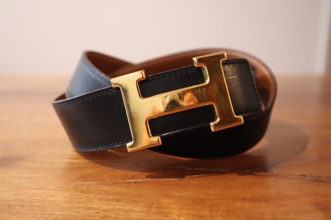 ■いちご■HERMES リバーシブルベルト93cm ブラックxキャメル