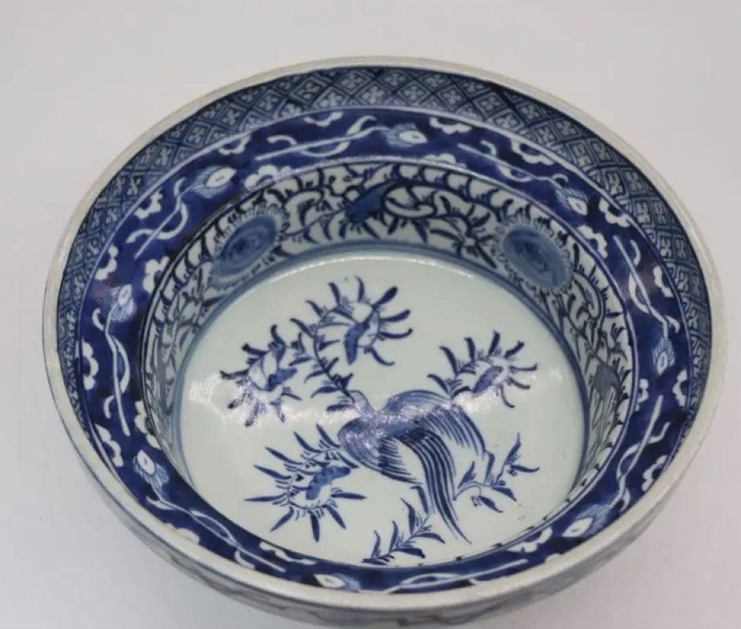 江戸　伊万里　染付　高台鉢　花鳥紋　送料込み1226