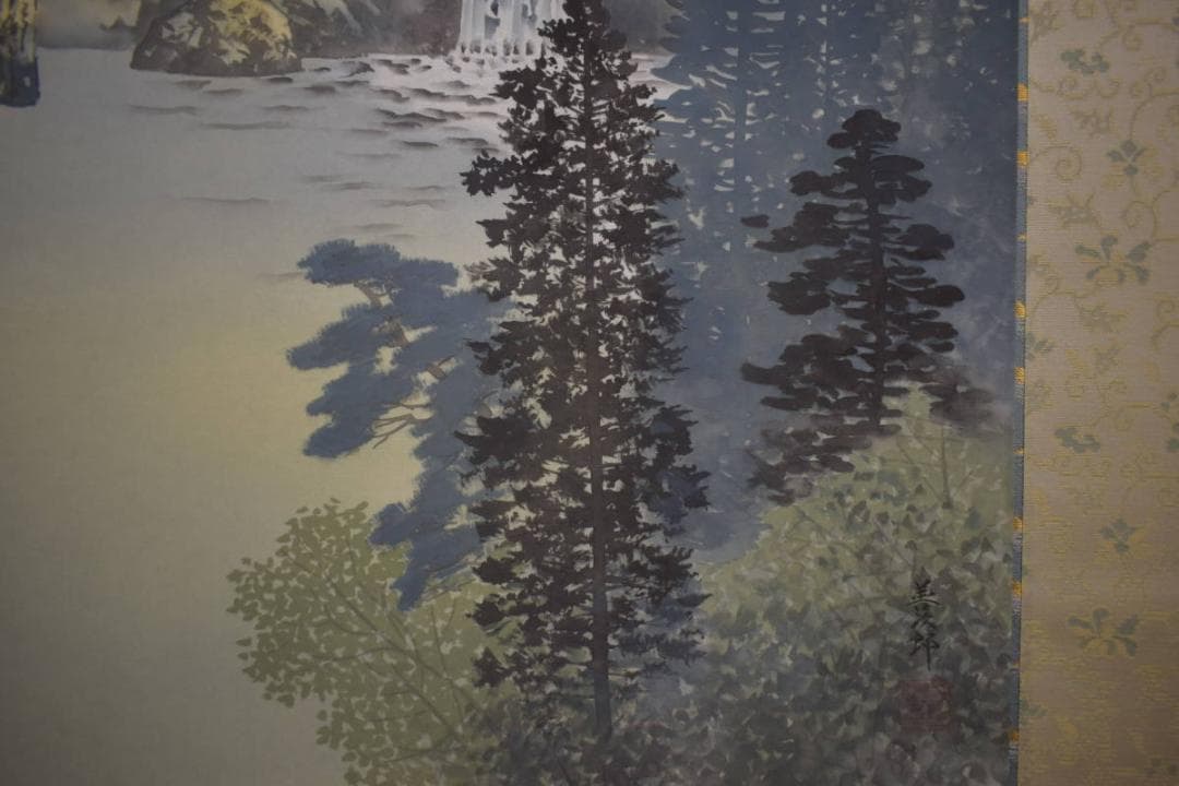 真作/善次郎/青緑山水図/塔山水図/桐共太巻二重箱付/布袋屋掛軸HI-934