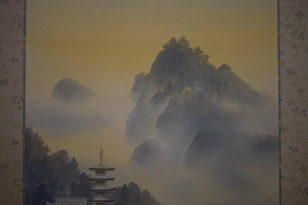 真作/善次郎/青緑山水図/塔山水図/桐共太巻二重箱付/布袋屋掛軸HI-934