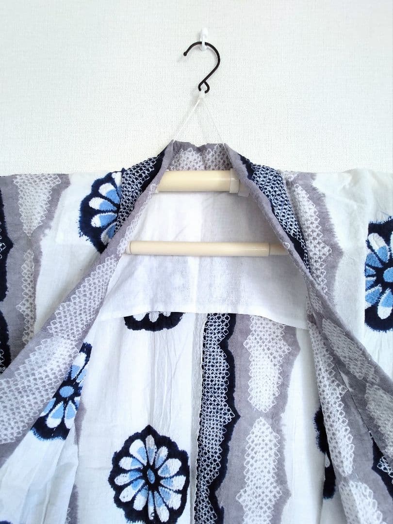 浴衣有松絞り白藍色灰色縦縞花柄ホワイトネイビーグレー紺色単衣木綿着物マーガレット