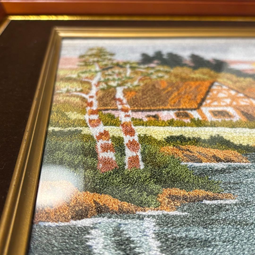 ヴィンテージ アンティーク 松鳩文化刺繍 専用額縁つき 風景 糸の絵