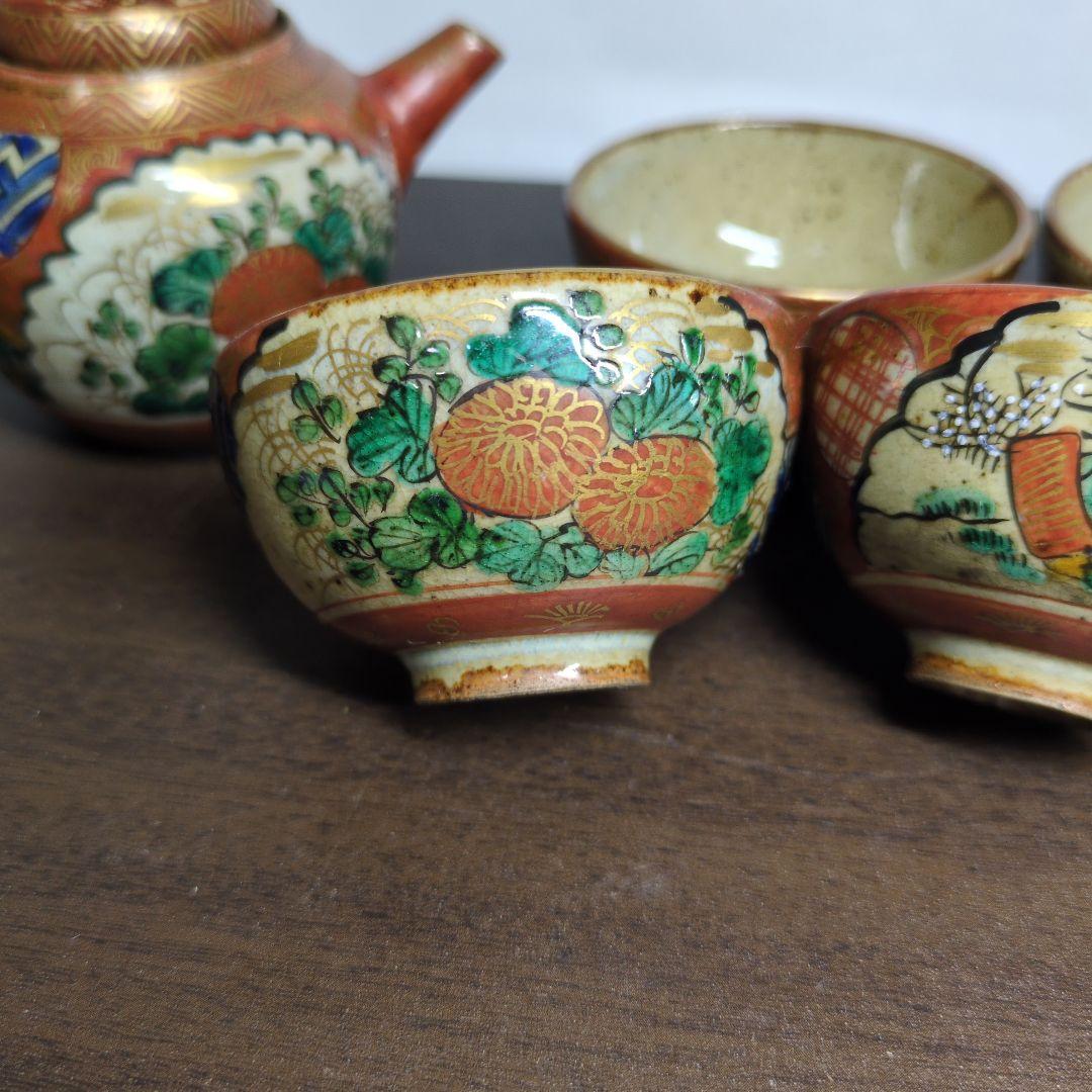 時代 九谷 庄三 金彩色絵 花唐人文 茶器揃 箱付き