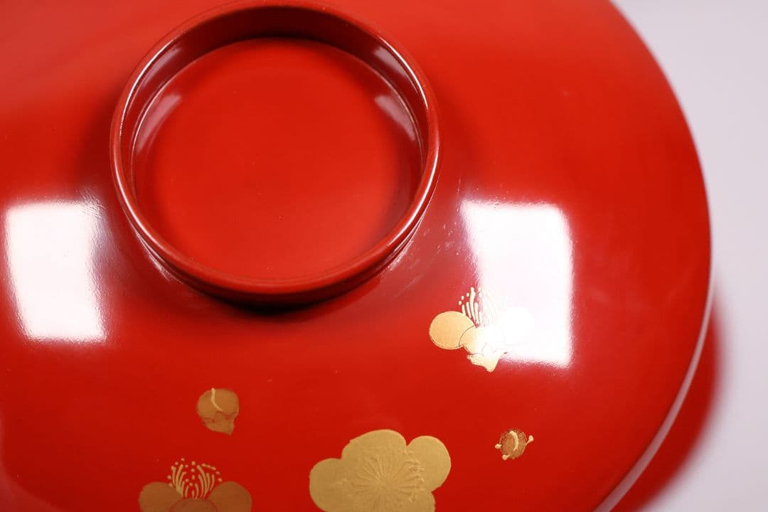 【CM228】木製漆器 若松と梅 金蒔絵 朱塗 引盃 五客 天然木 盃 杯 懐石